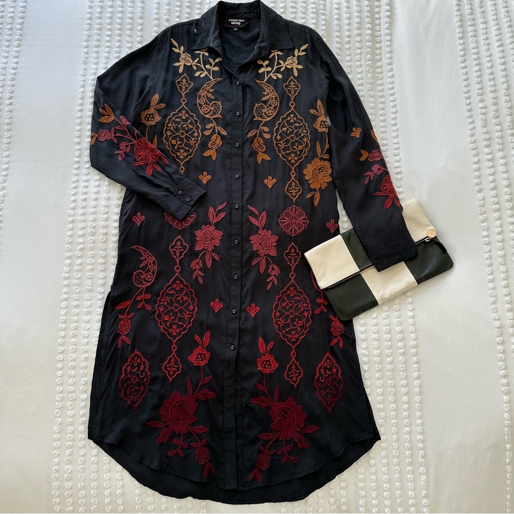 Johnny Was Workshop Kiana Ombré Embroidered Relaxed Midi Shirt-Dress Duster XS